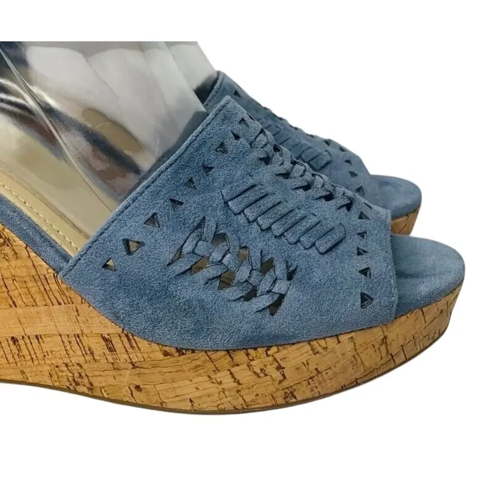 Marc Fisher Batini Faux Suede Wedge Heel Sandals Blue Womens‎ Size 9